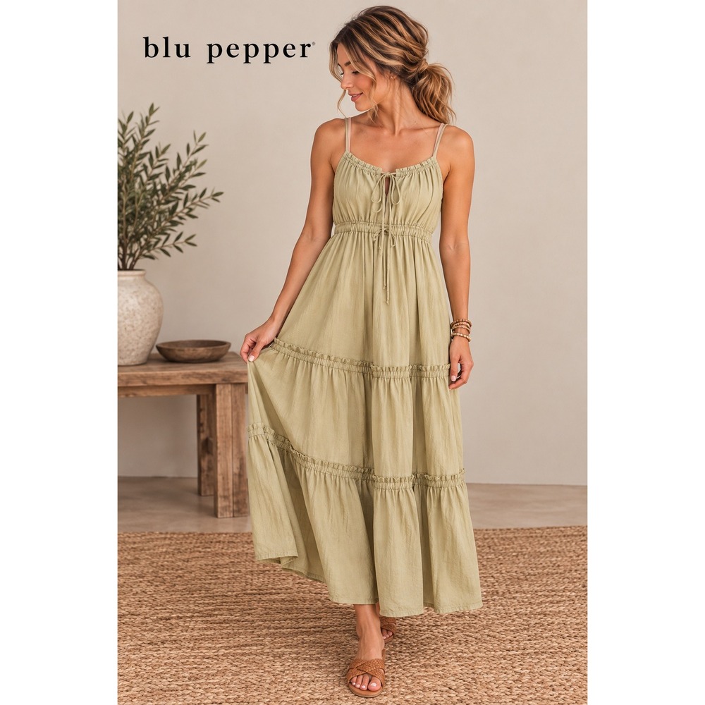 Blu Pepper Sage Green Tiered Maxi Dress Smocked Empire Waist Boho Large